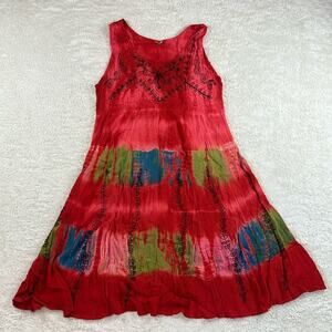 Unbranded red tie dye embroidered boho swim cover dress, one size